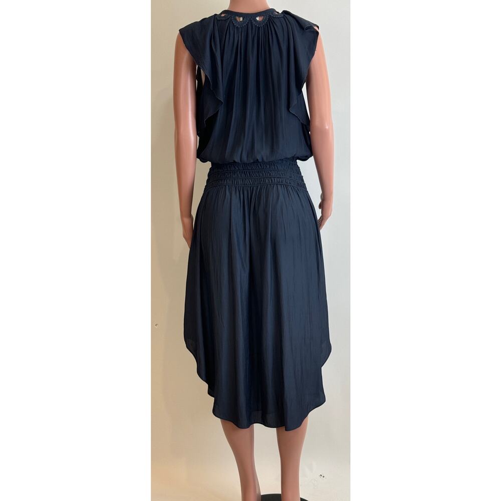 Ramy Brook Wrenn Embellished Blouson Midi Dress Size M Navy Satin Flutter Sleeve - Picture 5 of 15